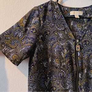 2/$15💖Michael Kors Floral Paisley Print Zip Up Short Sleeve Blouse